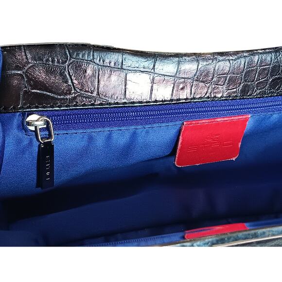 Etro Satchel Bag Black Embossed Leather Top Handle Doctor Frame Handbag Italy - Picture 10 of 15